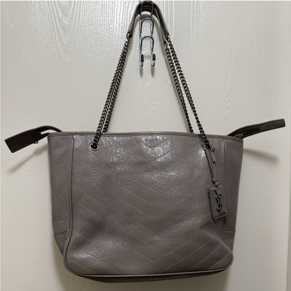 Yves Saint Laurent Gray Chevron Quilted Leather Tote with Chain Straps